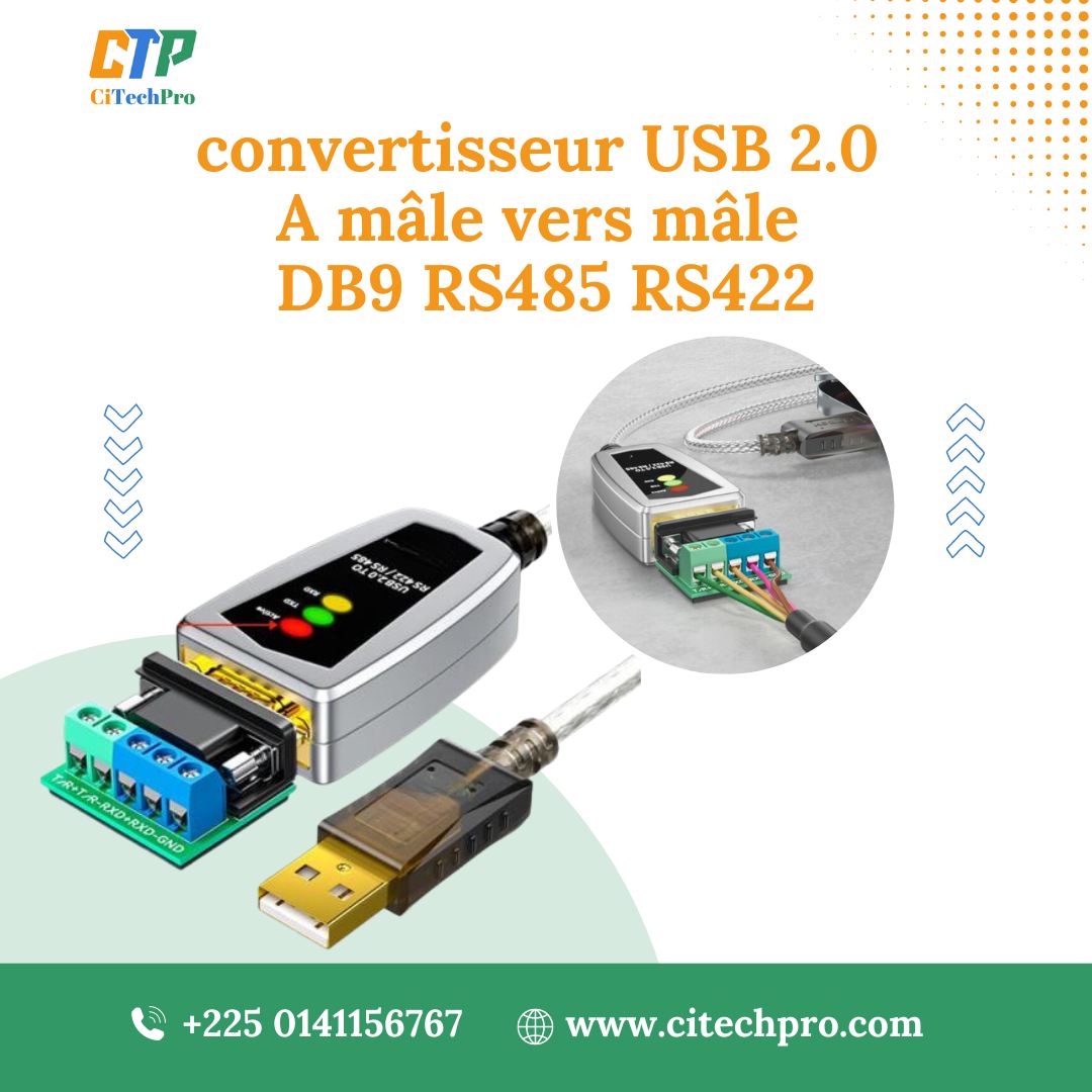 Convertisseur USB 2.0 A Mâle vers Mâle DB9 RS485 RS422