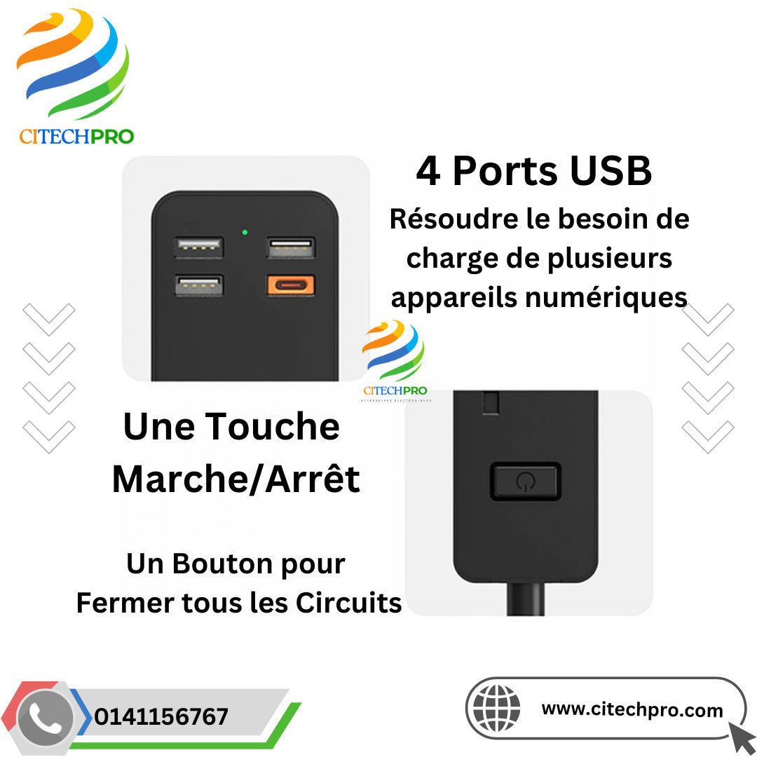 Multiprise de Protection Contre les Surtensions avec 4 ports USB Pour Charger le Cellulaire/Tablettes